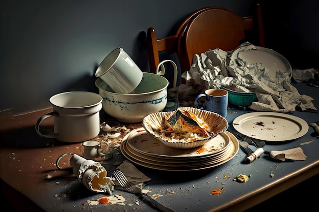 Kitchen mess from dirty dishes and torn napkins on kitchen table against dark wall