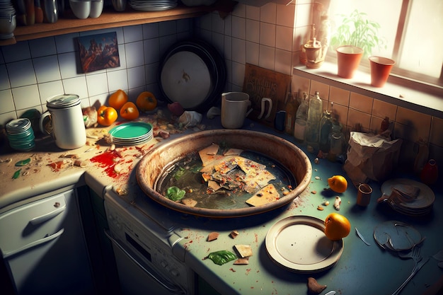 Kitchen mess at small corner sink with large dirty plates and leftover food