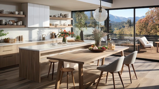 the kitchen in the model home features a large dining table with chairs and a table with a view of the mountains.