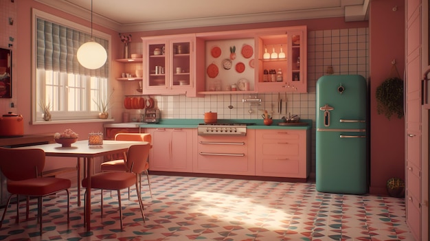 Kitchen modern interior design Room in american retro style with pink furnishing mint green refrigerator countertop Contemporary home space with furniture illustration background Generative AI