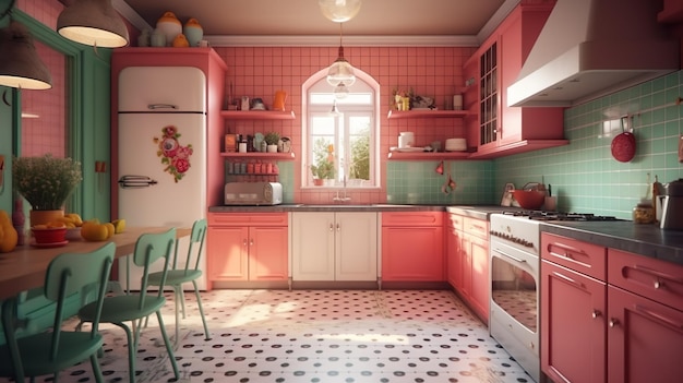 Kitchen modern interior design Room in american retro style with pink and mint green colour furnishing and appliances Contemporary home space with furniture illustration background Generative AI