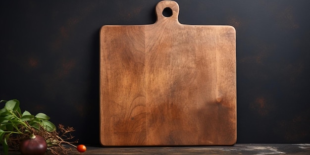 Photo kitchen old cutting board brown board kitchen utensils on a dark background generative ai