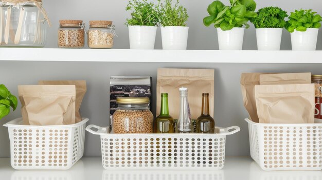 Photo a kitchen pantry shelf with three white baskets filled with various food items including jars of dried goods paper bags and bottles of oil