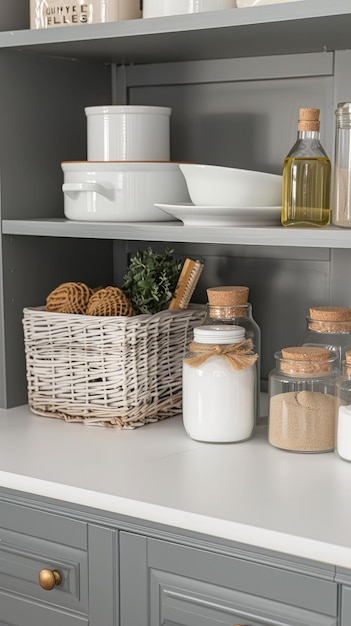 Photo a kitchen pantry shelf with three white baskets filled with various food items including jars of dried goods paper bags and bottles of oil