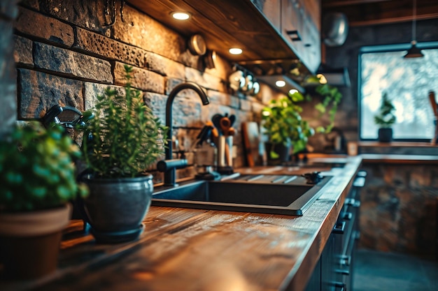 Kitchen room interior design wooden furniture sink counter