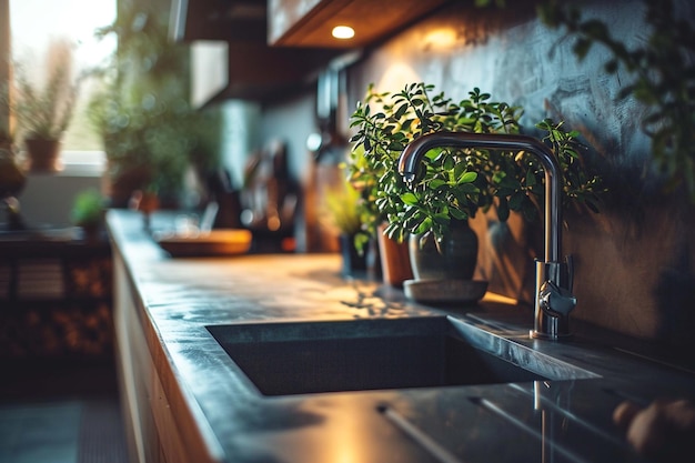 Kitchen room interior design wooden furniture sink counter