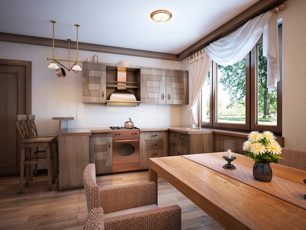 Kitchen rustic style with a dining table and wooden furniture. 3D rendering.