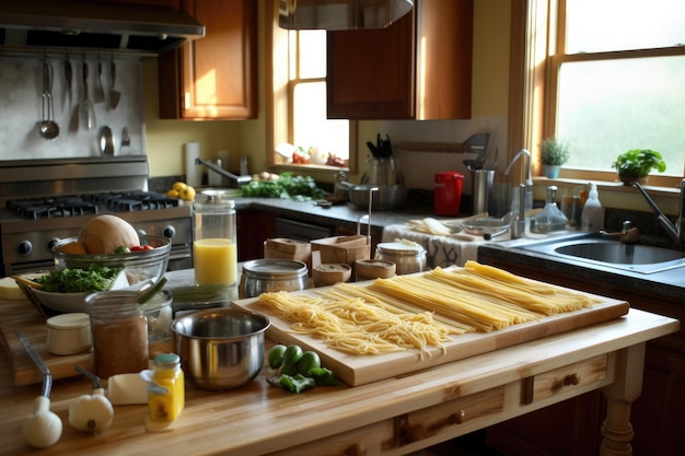 Kitchen setup for hand rolling pasta created with generative ai