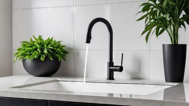 a kitchen sink with a black faucet and a potted plant on the counter