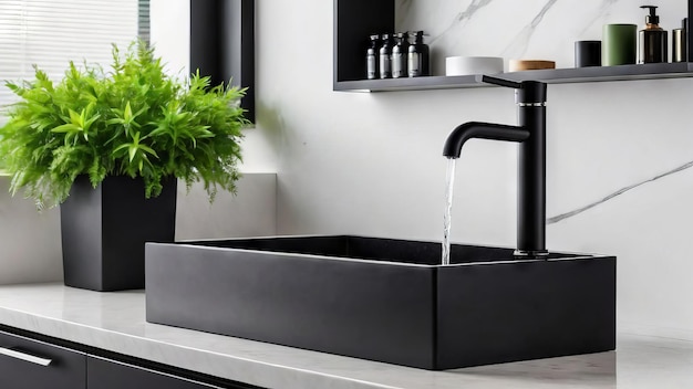 a kitchen sink with a black faucet and a potted plant on the counter