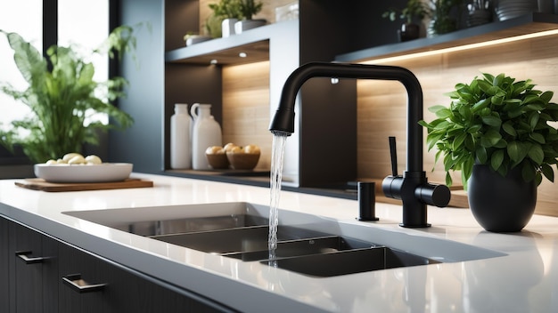 a kitchen sink with a black faucet and a potted plant on the counter