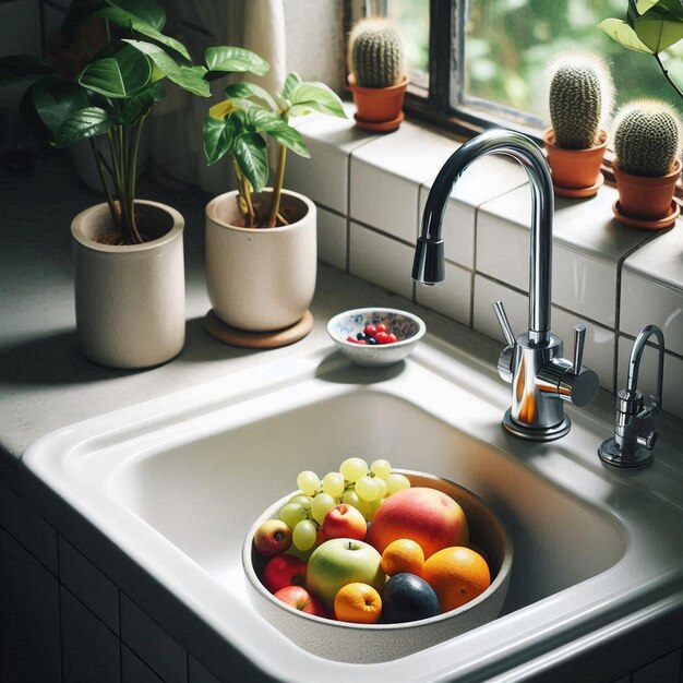 Photo a kitchen sink with a bowl of fruit and a cactus