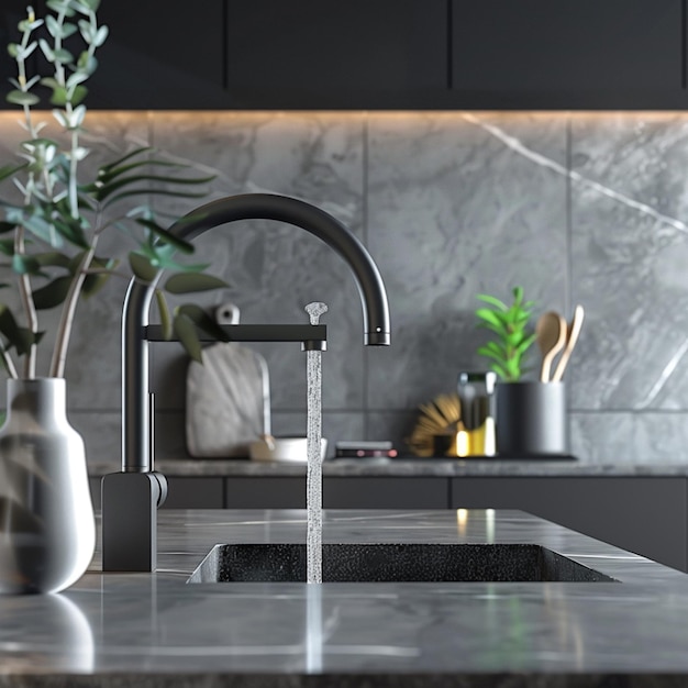 a kitchen sink with a faucet and a bottle of water