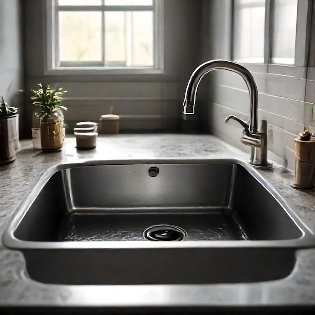 Photo a kitchen sink with a faucet and a window behind it