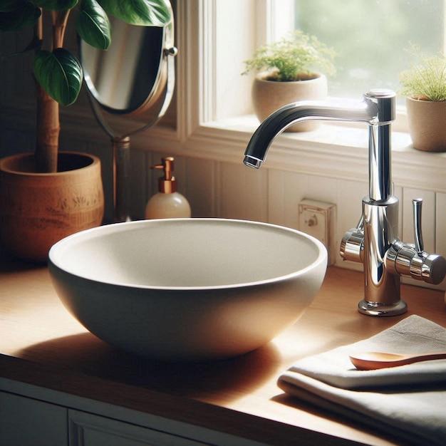 Photo a kitchen sink with a plant in the window