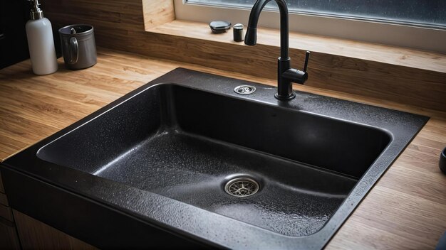 a kitchen sink with a silver faucet and a window behind it