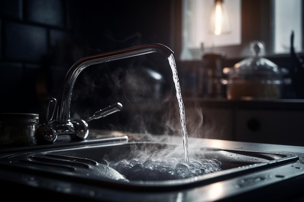 A kitchen sink with steam coming out of it.