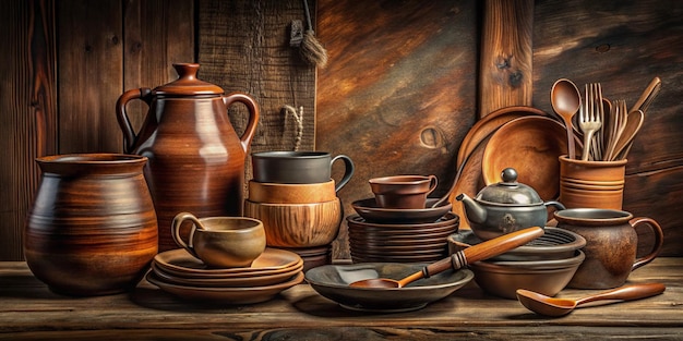 Kitchen Still Life with Dark Crockery Clayware on Wooden Tabletop