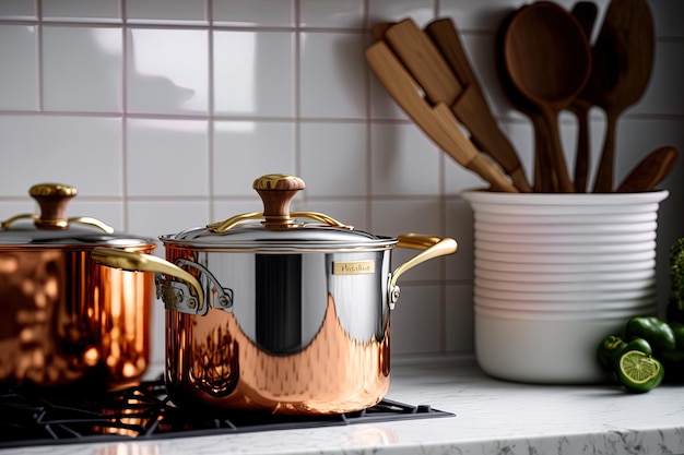 Kitchen stove with copper cooking utensils closeup