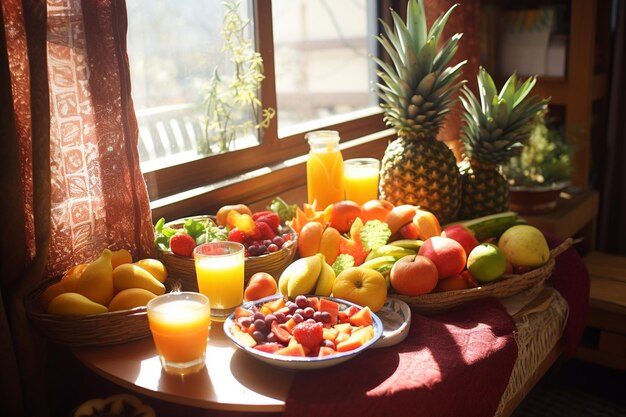 A kitchen table with a bowl of fruit on it