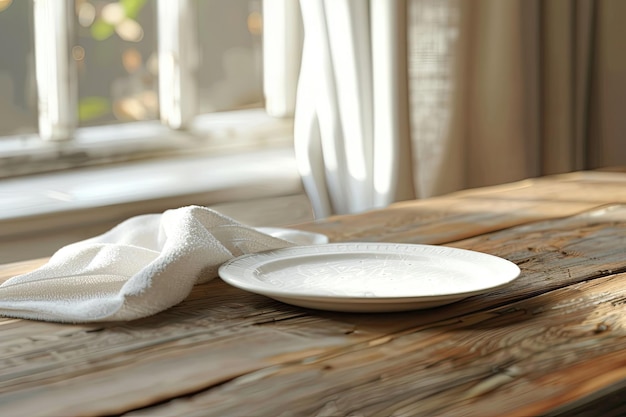 Photo kitchen table with empty plate and towel