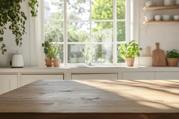 a kitchen table with plants on it and a window with the sun shining through