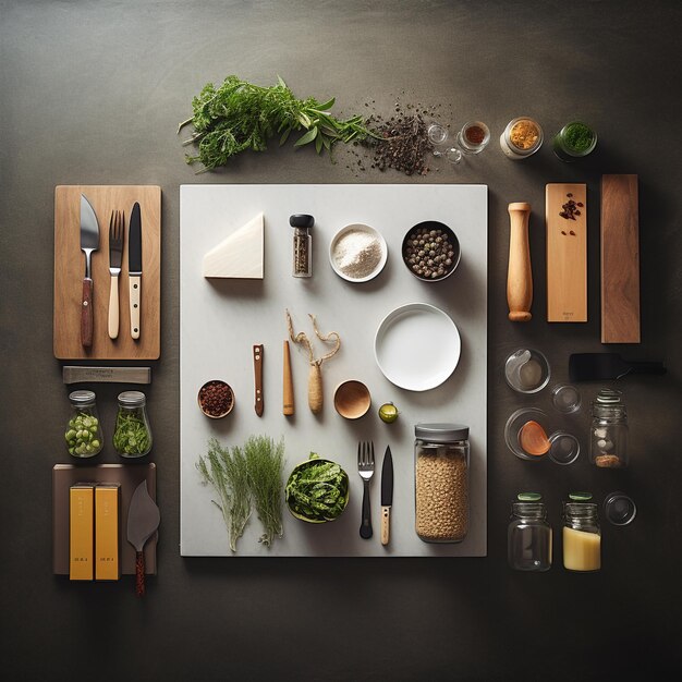 Kitchen Table with Utensils and Ingredients Top View