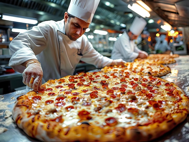 In a kitchen a team of chefs is busy making delicious pizzas