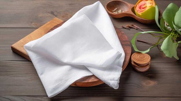 Kitchen towel or table cloth on white wooden table