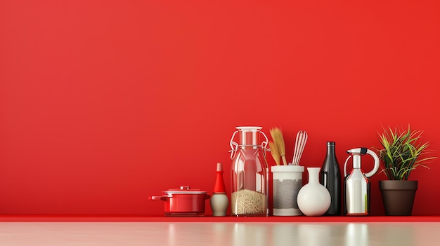 Photo kitchen utensils and containers against a red wall