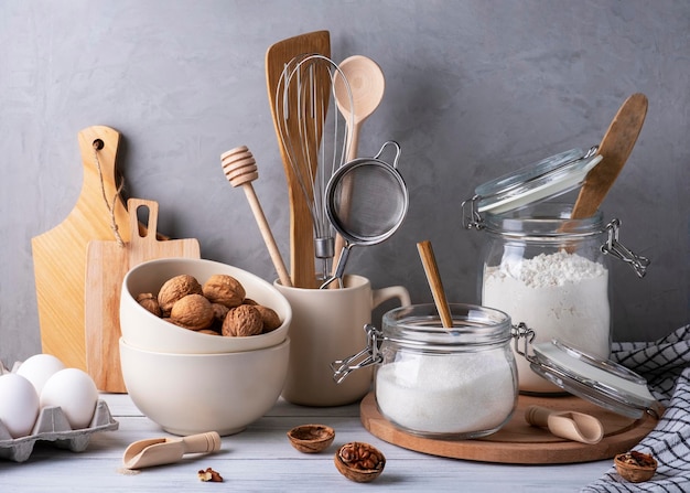 Kitchen utensils and containers ingredients for baking pie