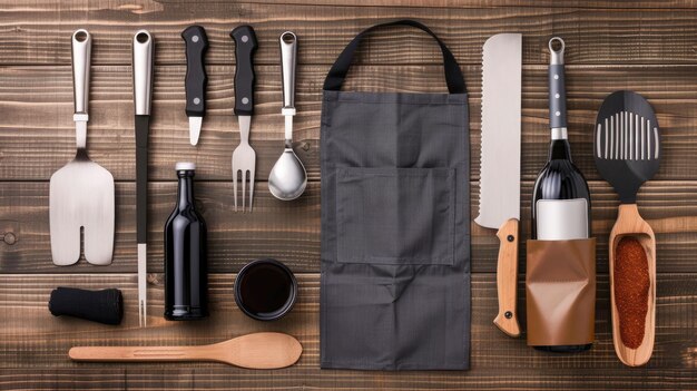 Photo kitchen utensils wine bottle and red powder in a wooden bowl are laid out neatly on a table with an apron in the middle