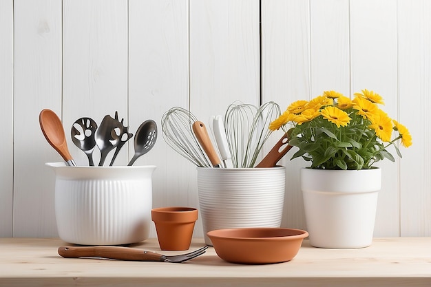 Kitchen utensils with flowerpot on white wooden table background