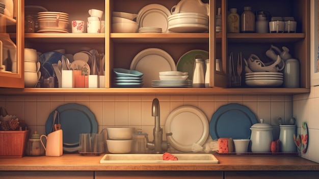 Kitchen utensils on wooden shelfgenerative ai