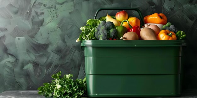 Kitchen waste sorted in green bin with compost container promoting sustainable lifestyle Fruit and vegetable scraps collected Concept Sustainable Living Composting Kitchen Waste Management