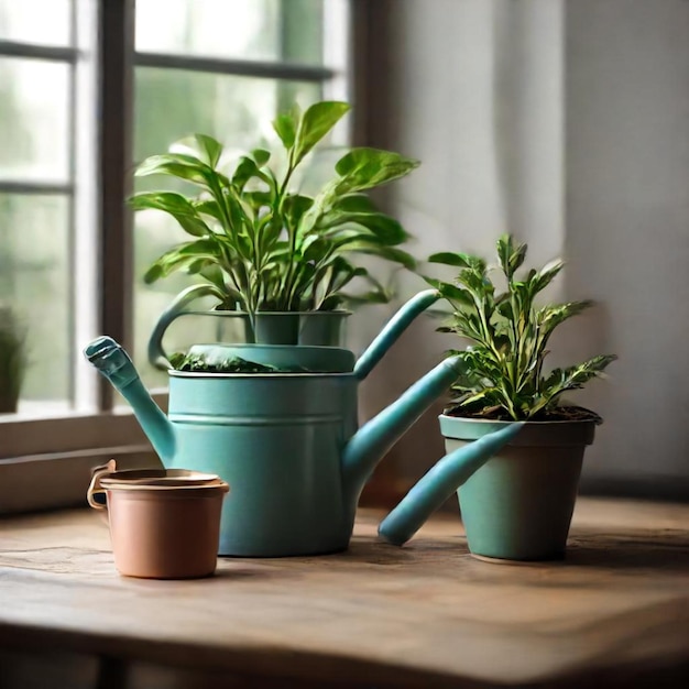 a kitchen window with plants on the shelf and a pot with a knife on it