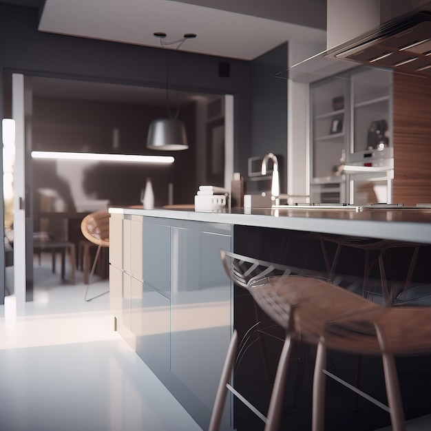 A kitchen with a bar stools and a stove in the middle.