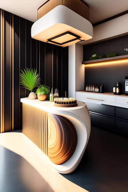 a kitchen with a bar with a plant on the counter