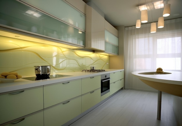 A kitchen with a bathtub and a sink with a green tile backsplash.