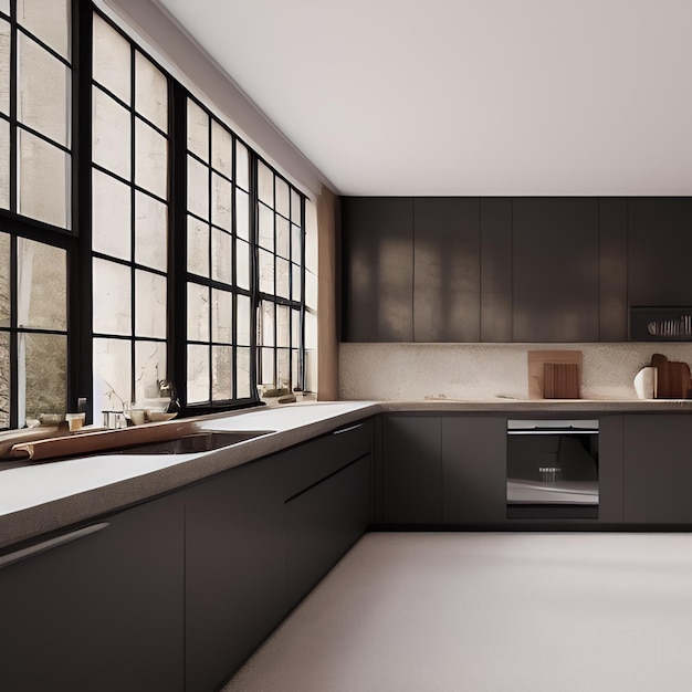 A kitchen with black cabinets and a black and white stove.