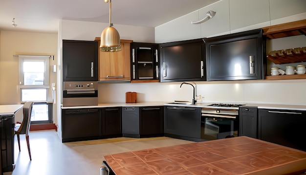 A kitchen with black cabinets and a large table with a lamp hanging above it.