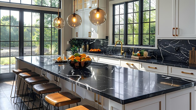 a kitchen with a black granite counter top and a large window with the view of the trees outside