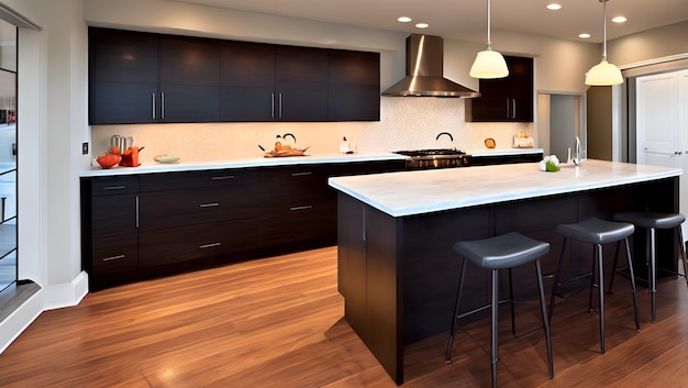 A kitchen with a black island and a black countertop with a white sign that says " home ".