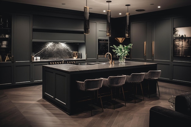 A kitchen with a black island with a large bowl of flowers on it.