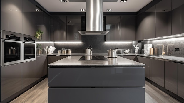 A kitchen with a black kitchen island and a black kitchen island