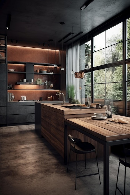 A kitchen with a black kitchen island