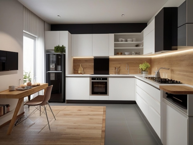 a kitchen with a black refrigerator and a white kitchen with a black refrigerator