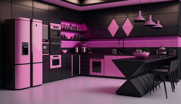 A kitchen with a black stove and a black stove with pink lights.