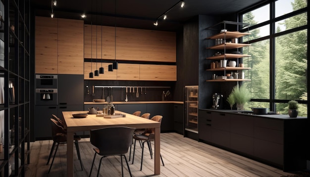 A kitchen with a black table and chairs and a large window with a plant in the corner