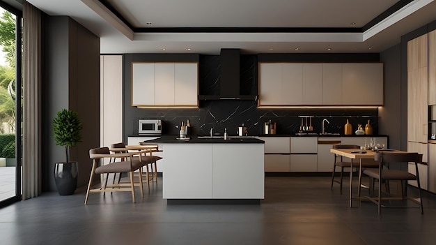 a kitchen with a black and white counter top and white cabinets